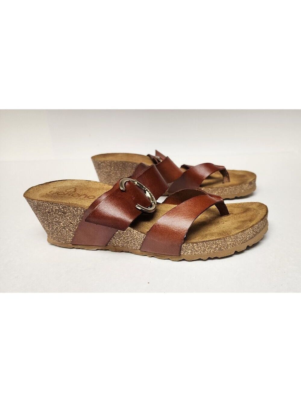 Yokono Brown Leather Wedge Slip On Sandals Size 9.5